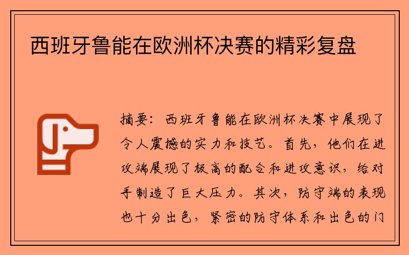 西班牙鲁能在欧洲杯决赛的精彩复盘